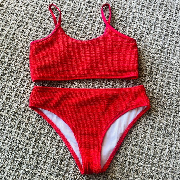 RED TEXTURED BIKINI SWIMSUIT - Picture 1 of 11